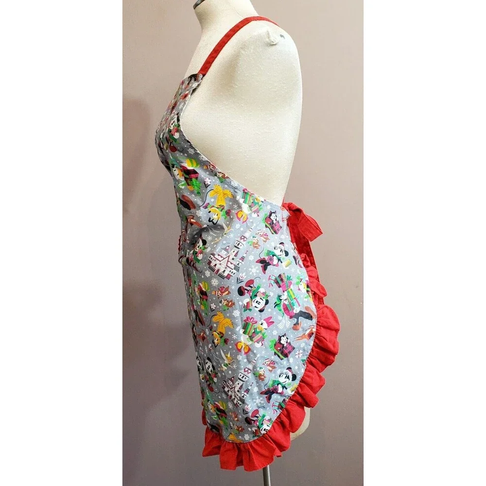 Disney Parks Christmas Apron Red Gray Ruffle Heart Pocket Cross Back Straps Full